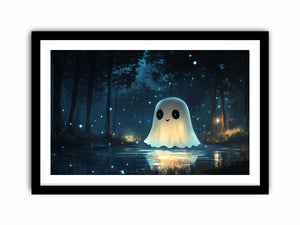 Cute glowing ghost forest canvas art with blue fireflies for kids bedroom decor.