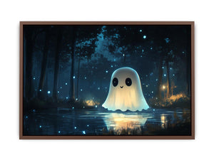 Cute glowing ghost forest canvas art with blue fireflies for kids bedroom decor.