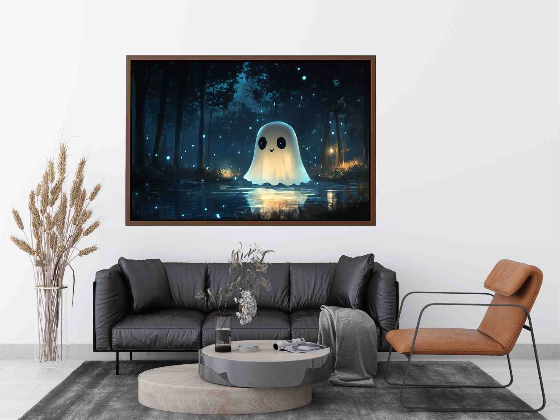 Cute glowing ghost forest canvas art with blue fireflies for kids bedroom decor.