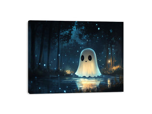 Cute glowing ghost forest canvas art with blue fireflies for kids bedroom decor.