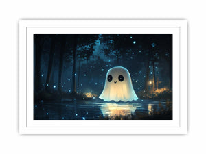 Cute glowing ghost forest canvas art with blue fireflies for kids bedroom decor.