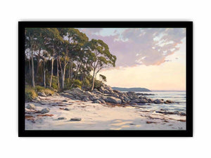 Soft coastal beach painting with eucalyptus trees for modern living room decor.