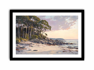 Soft coastal beach painting with eucalyptus trees for modern living room decor.