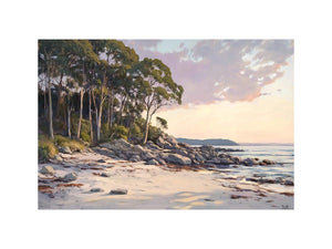 Soft coastal beach painting with eucalyptus trees for modern living room decor.