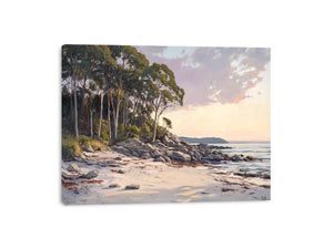 Soft coastal beach painting with eucalyptus trees for modern living room decor.