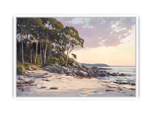 Soft coastal beach painting with eucalyptus trees for modern living room decor.