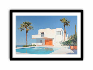 Modern white villa pool canvas art with palm trees for luxury living room decor.