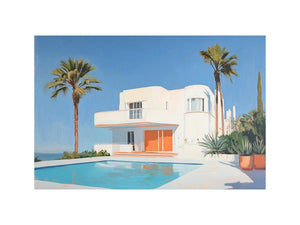 Modern white villa pool canvas art with palm trees for luxury living room decor.