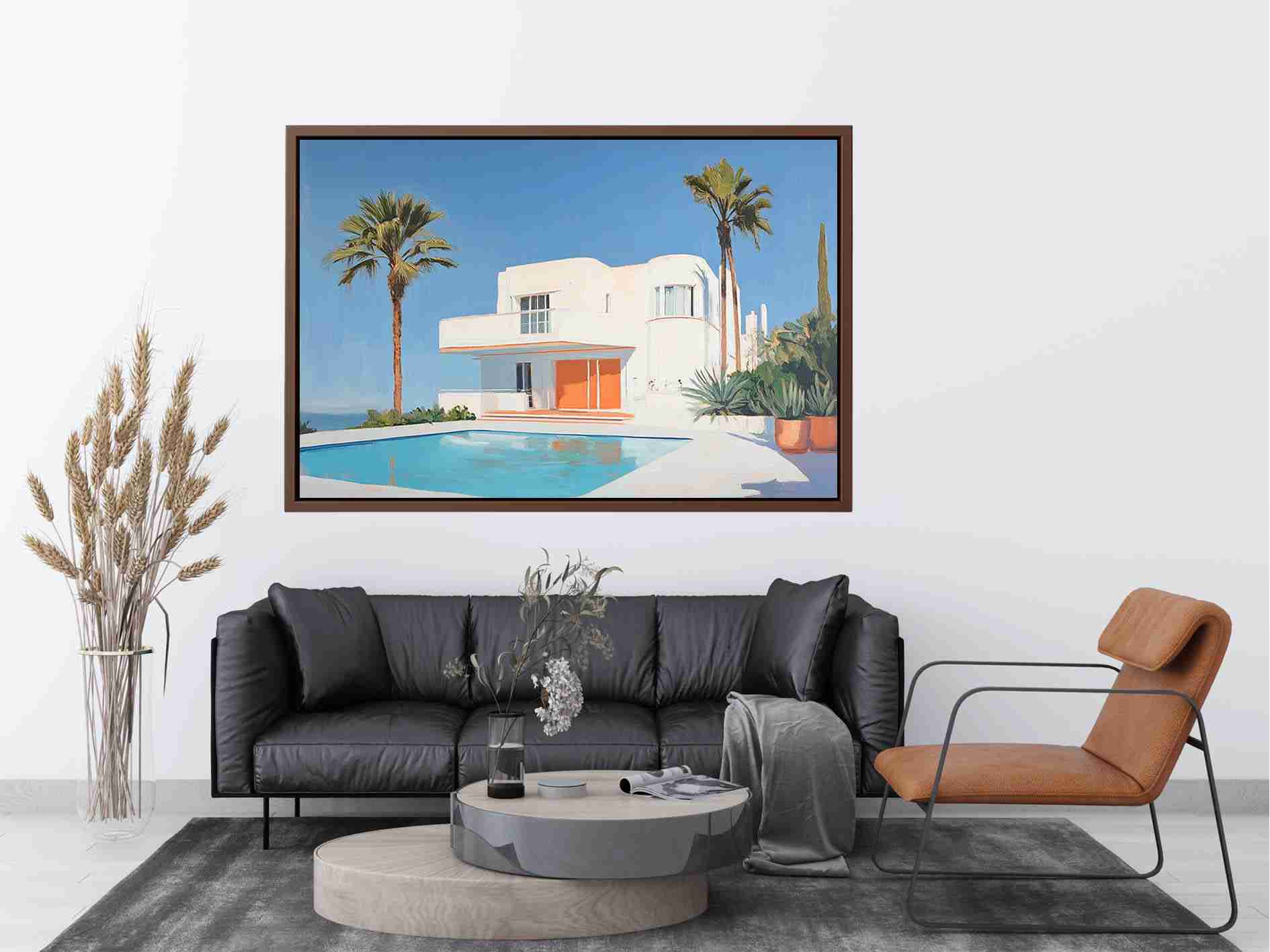 Modern white villa pool canvas art with palm trees for luxury living room decor.