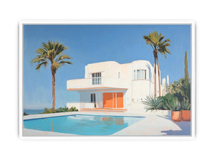 Modern white villa pool canvas art with palm trees for luxury living room decor.