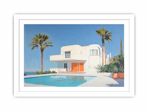 Modern white villa pool canvas art with palm trees for luxury living room decor.