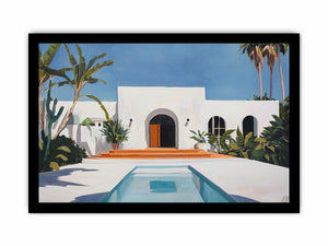 White Mediterranean villa courtyard canvas art with pool and palms for modern decor.