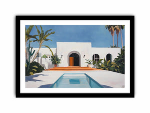 White Mediterranean villa courtyard canvas art with pool and palms for modern decor.