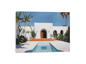 White Mediterranean villa courtyard canvas art with pool and palms for modern decor.