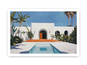 White Mediterranean villa courtyard canvas art with pool and palms for modern decor.