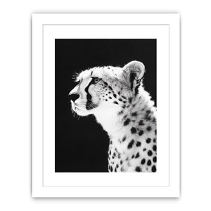 Black and white cheetah portrait wall art for modern office or living room decor.