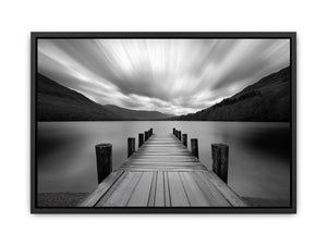 Black and white lake pier landscape photography for modern living room wall decor.