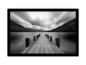 Black and white lake pier landscape photography for modern living room wall decor.
