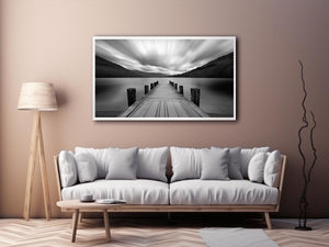 Black and white lake pier landscape photography for modern living room wall decor.