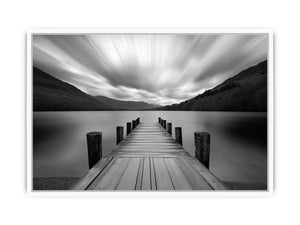 Black and white lake pier landscape photography for modern living room wall decor.