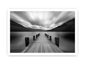Black and white lake pier landscape photography for modern living room wall decor.