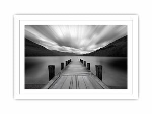 Black and white lake pier landscape photography for modern living room wall decor.
