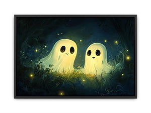 Cute glowing ghost illustration with fireflies for kids room or nursery wall decor.