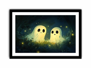 Cute glowing ghost illustration with fireflies for kids room or nursery wall decor.