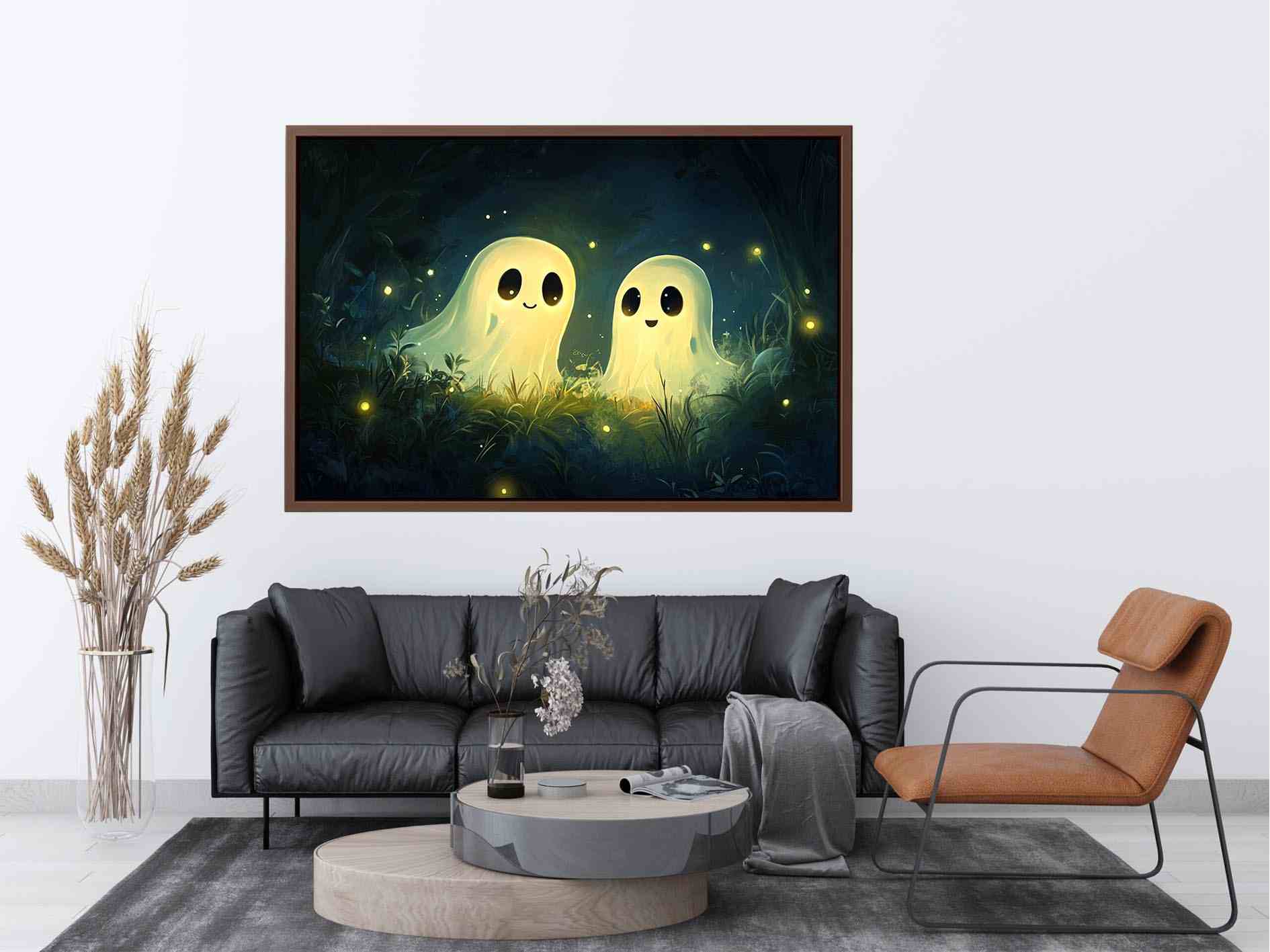 Cute glowing ghost illustration with fireflies for kids room or nursery wall decor.