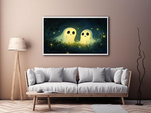 Cute glowing ghost illustration with fireflies for kids room or nursery wall decor.