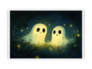 Cute glowing ghost illustration with fireflies for kids room or nursery wall decor.