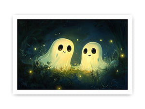 Cute glowing ghost illustration with fireflies for kids room or nursery wall decor.