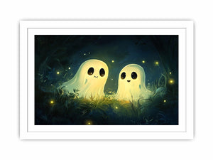 Cute glowing ghost illustration with fireflies for kids room or nursery wall decor.