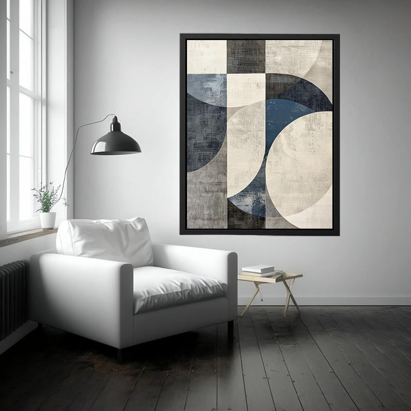 Blue gray geometric abstract canvas art for modern office or living room decor.
