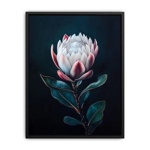 Moody protea flower canvas art with dark background for elegant bedroom decor.