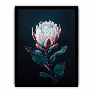 Moody protea flower canvas art with dark background for elegant bedroom decor.