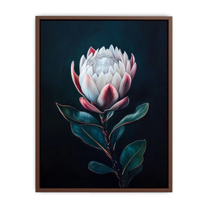 Moody protea flower canvas art with dark background for elegant bedroom decor.