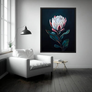 Moody protea flower canvas art with dark background for elegant bedroom decor.