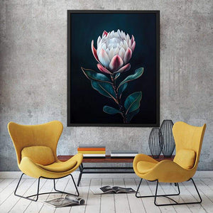 Moody protea flower canvas art with dark background for elegant bedroom decor.