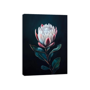 Moody protea flower canvas art with dark background for elegant bedroom decor.