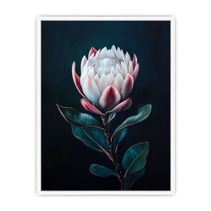 Moody protea flower canvas art with dark background for elegant bedroom decor.