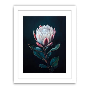 Moody protea flower canvas art with dark background for elegant bedroom decor.