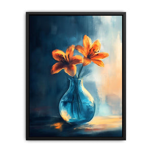Orange lilies in blue glass vase canvas art for dining room or kitchen decor.