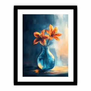 Orange lilies in blue glass vase canvas art for dining room or kitchen decor.