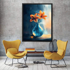 Orange lilies in blue glass vase canvas art for dining room or kitchen decor.