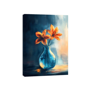 Orange lilies in blue glass vase canvas art for dining room or kitchen decor.