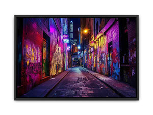 Neon graffiti alley photography wall art for modern loft or office decor.