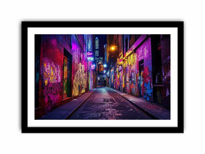 Neon graffiti alley photography wall art for modern loft or office decor.