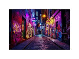 Neon graffiti alley photography wall art for modern loft or office decor.