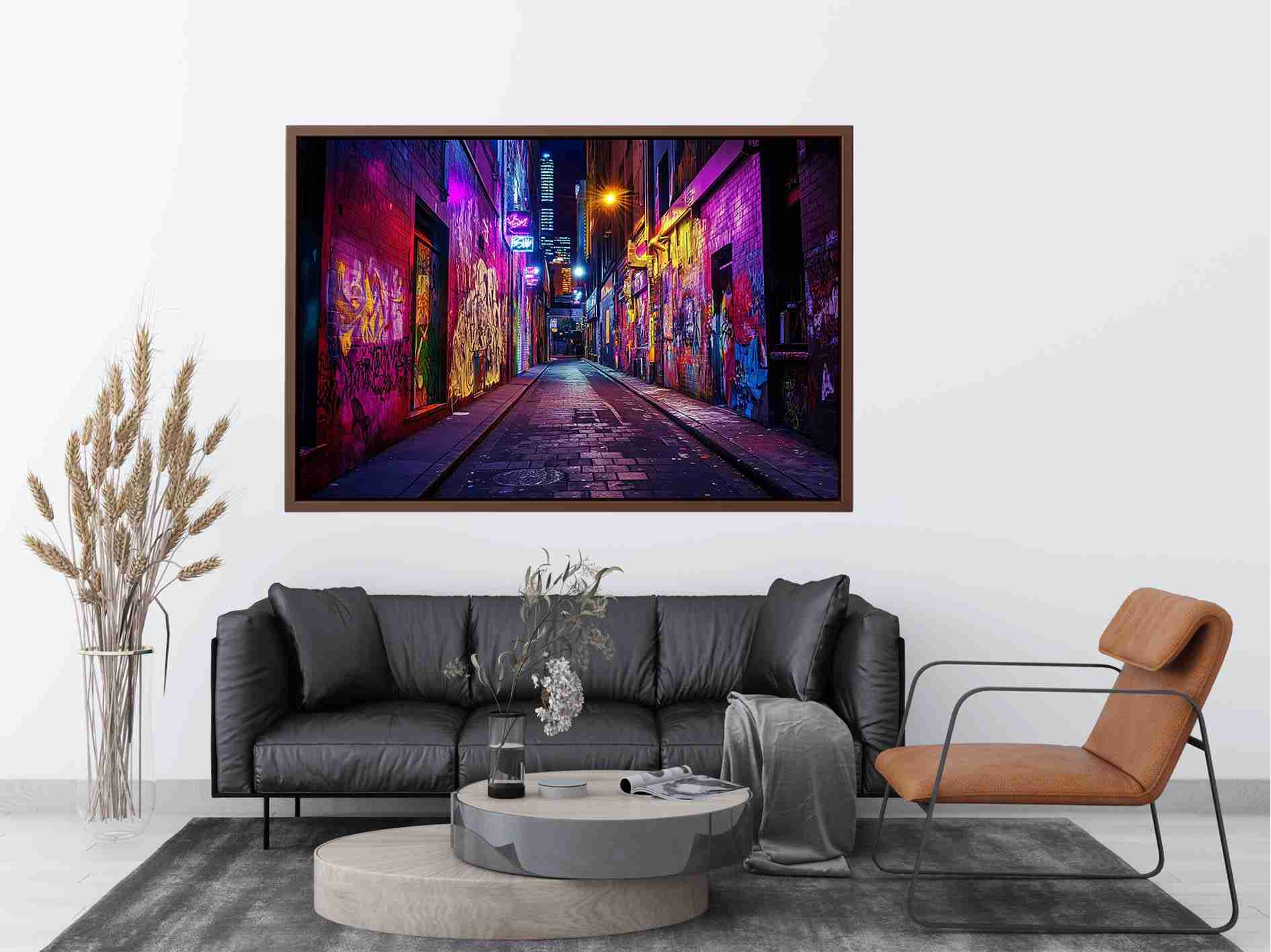 Neon graffiti alley photography wall art for modern loft or office decor.